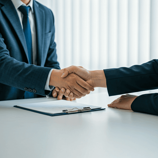 A professional business consultation scene with two people shaking hands.